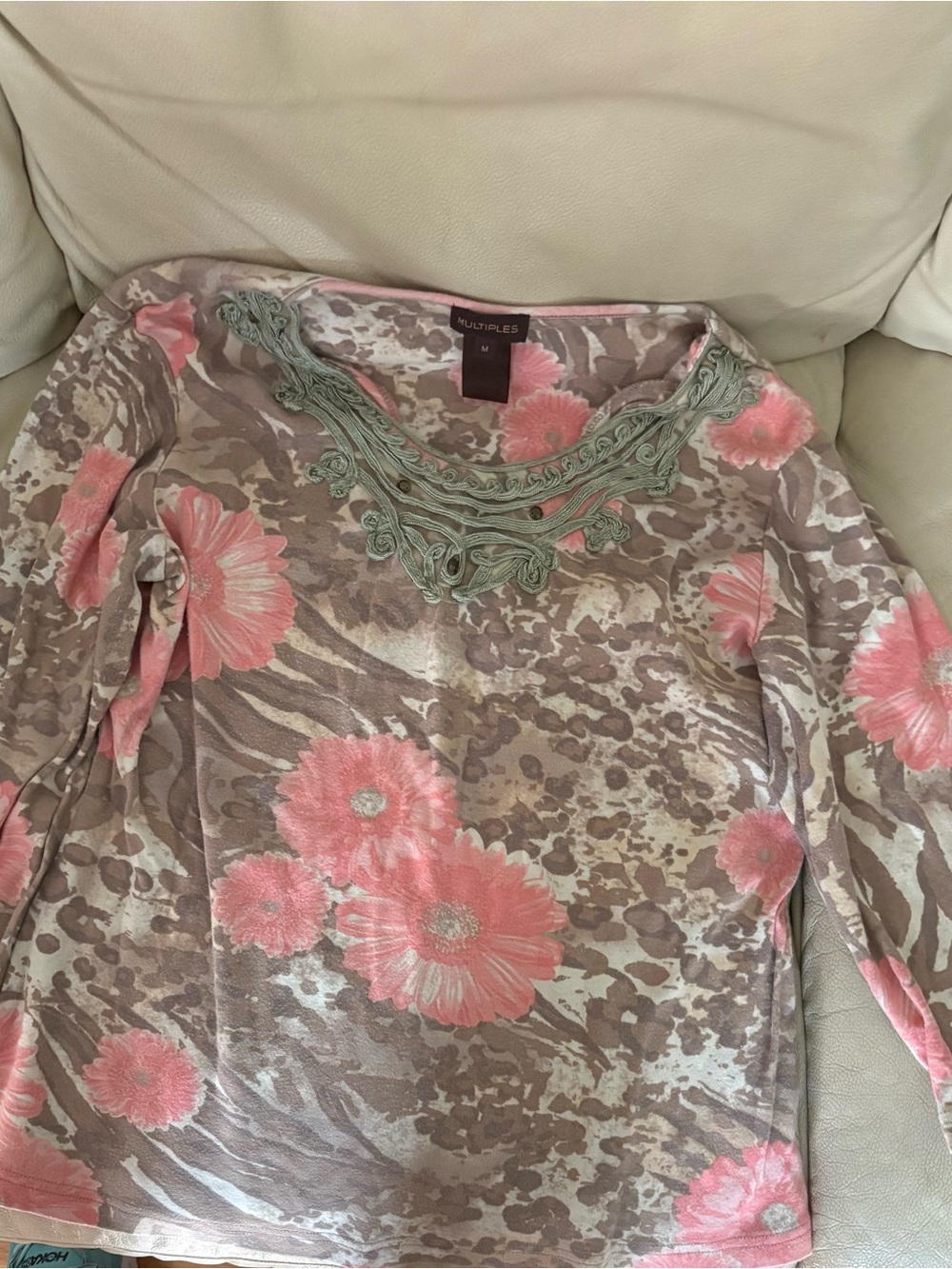 Multiples Floral & Print Top - Pink & Taupe with Sage Trim